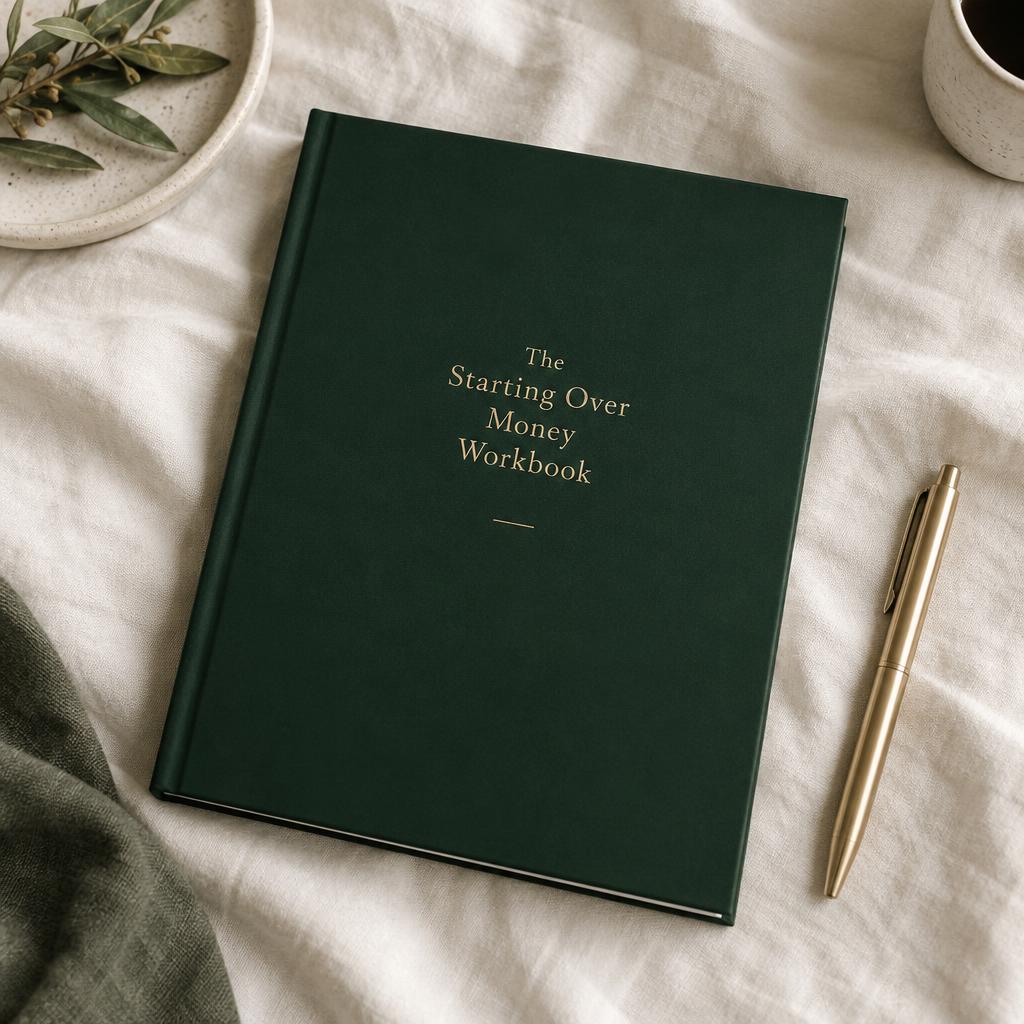 The Starting Over Money Workbook, an emerald hardcover with gold lettering, next to a gold pen